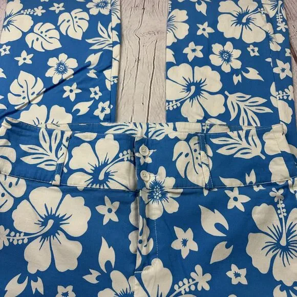 ASOS Design Pants Womens 8 Blue White Hawaiian Floral Hibiscus Straight Leg - Picture 2 of 11